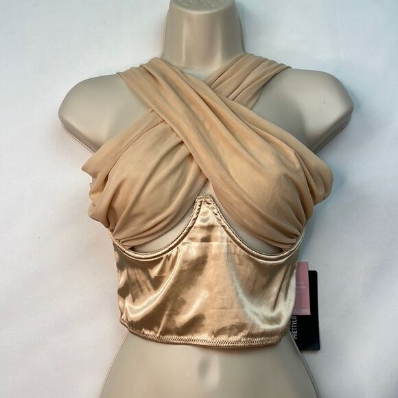 Pretty Little Things Nude Underbust Halterneck Chiffon strap crop top size 6 NWT - Picture 4 of 14